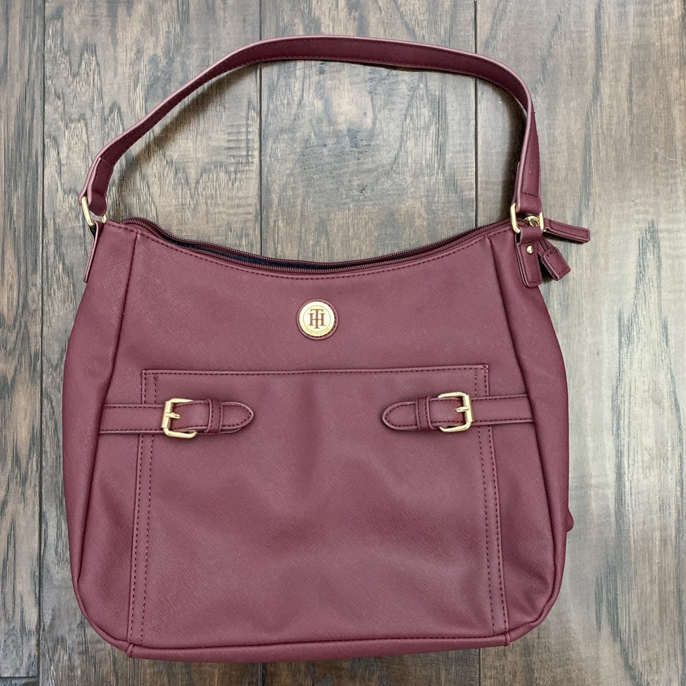 Tommy Hilfiger Shoulder Bag Burgundy Faux Leather Purse Gold Tone Hardware Logo